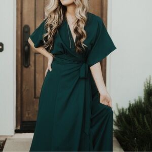 Green Maxi Dress with Plunge Neckline and Dolman Sleeves